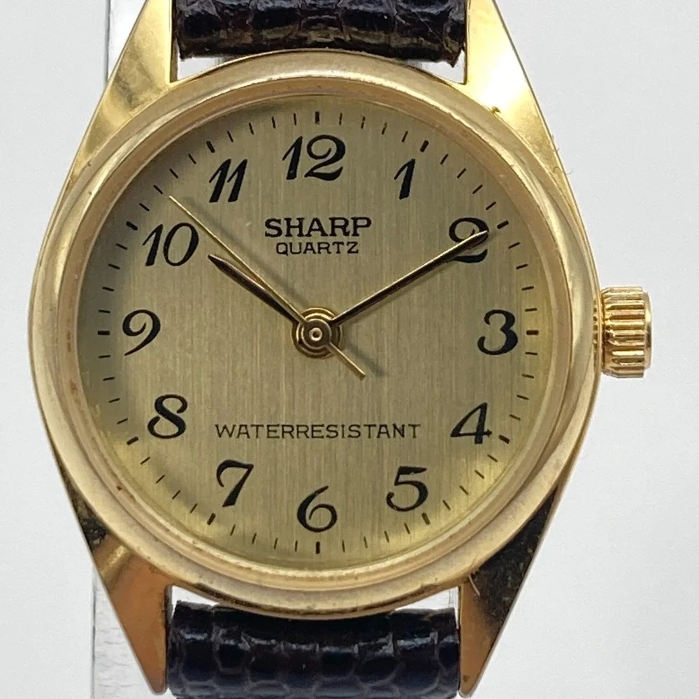 Vintage Sharp Women's Watch 21mm Gold Tone Leather Easy Reader New Battery SMALL